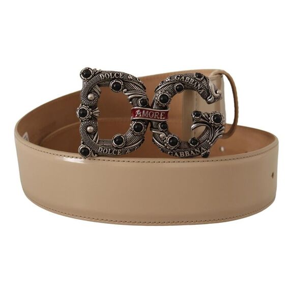 Dolce & Gabbana Beige Leather Silver Logo Buckle Amore Women's Belt